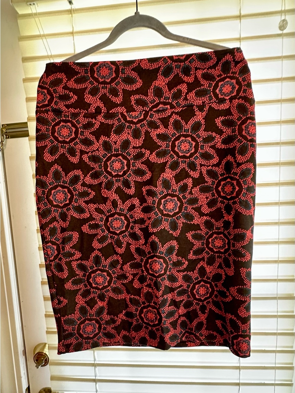 LuLaRoe Cassie Coral and Brown Pencil Skirt with Floral Dot Pattern